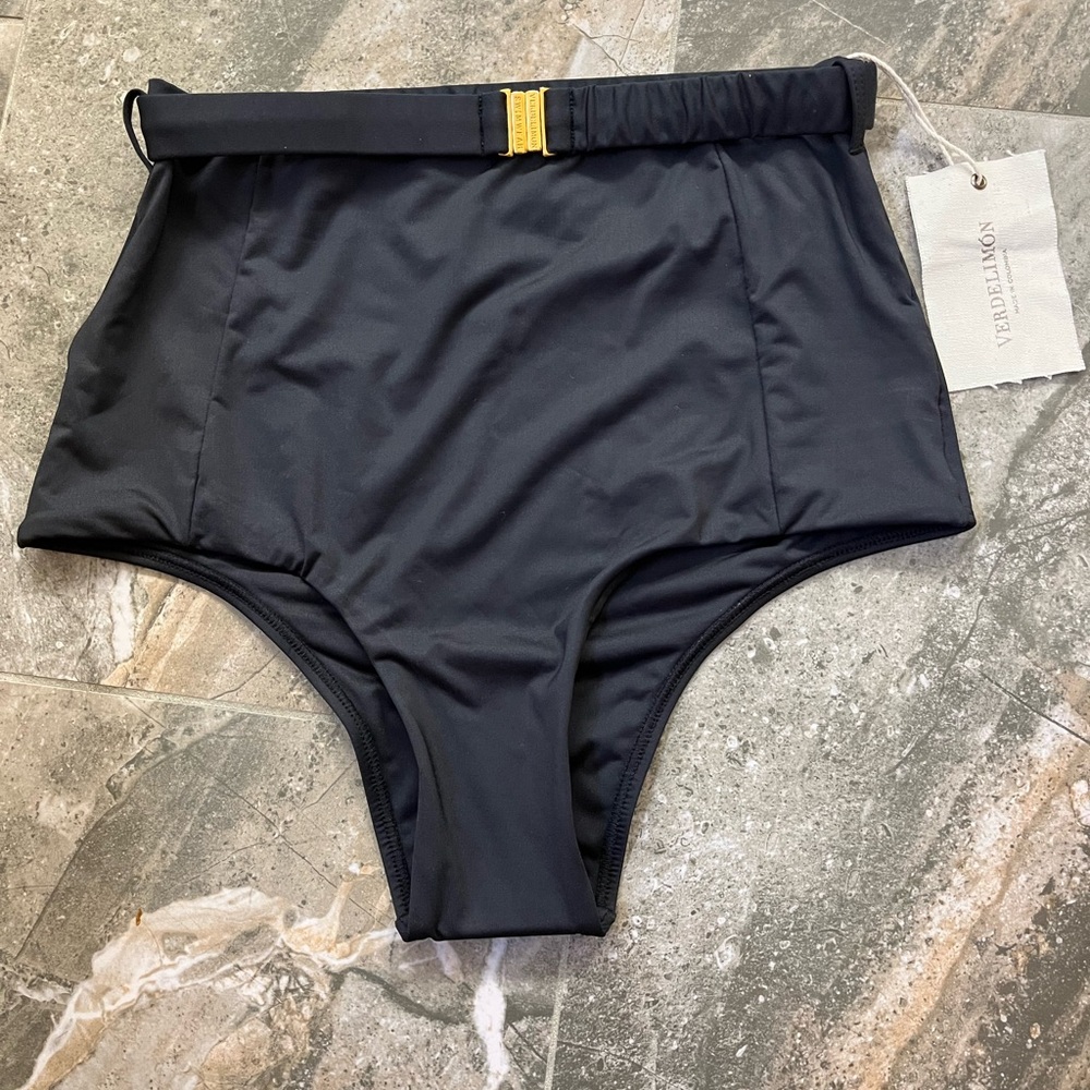 NWT VERDELIMON Black High Rise Swim Bottoms With Gold Buckle | XL